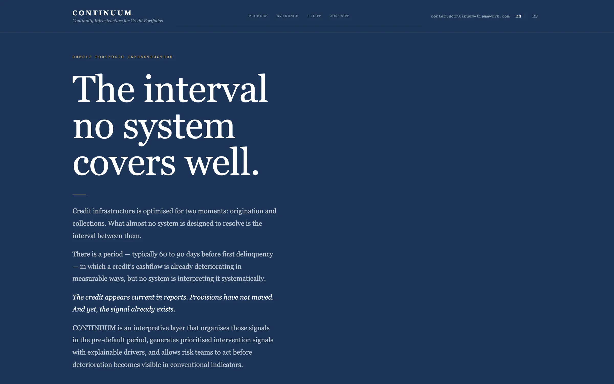 Portada de CONTINUUM: un titular grande en serif, «The interval no system covers well.», en blanco sobre azul profundo, sobre los párrafos que presentan el framework.