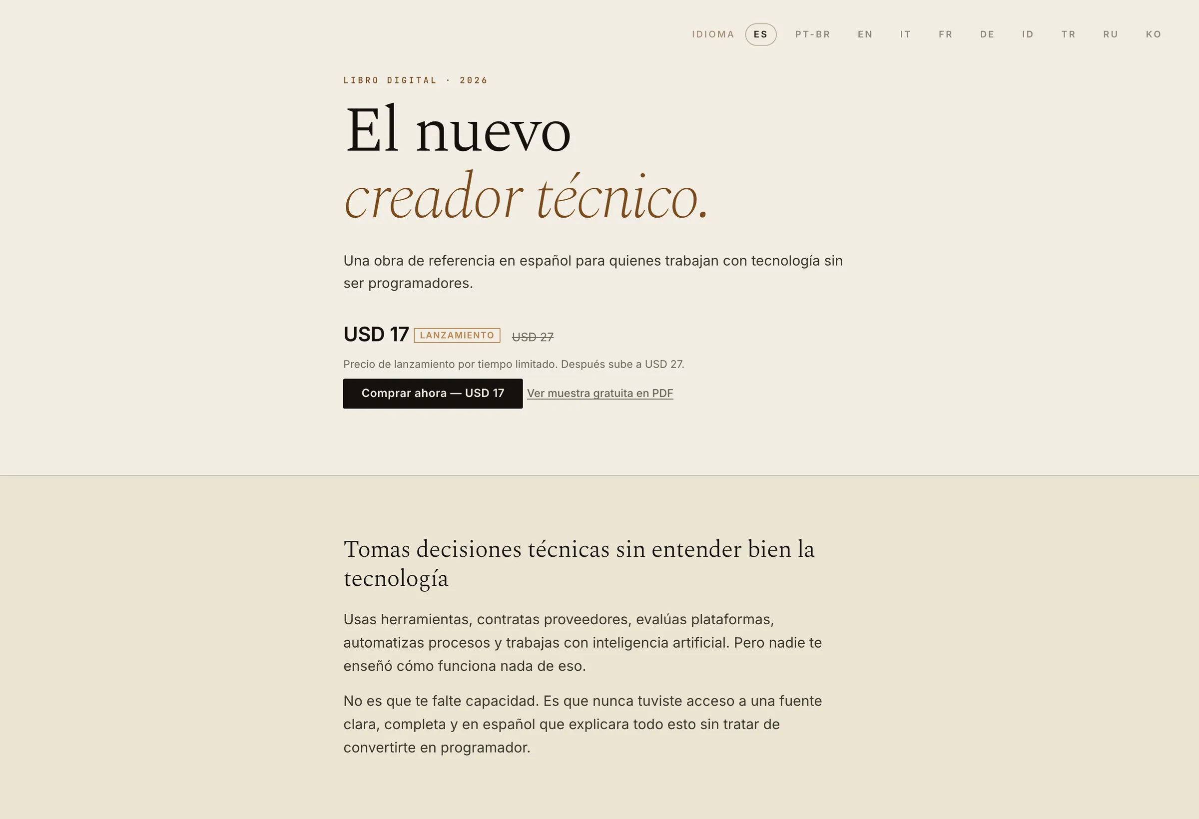 Portada de El nuevo creador técnico: el título del libro en serif sobre papel cálido, con el precio, un botón de compra y una fila de diez idiomas arriba.