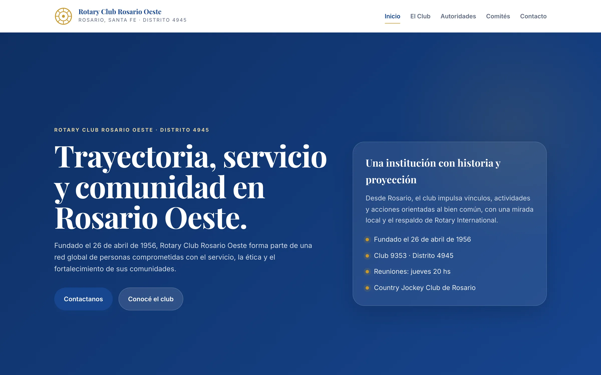 Portada del Rotary Club Rosario Oeste: un titular en serif sobre trayectoria, servicio y comunidad, en blanco sobre azul profundo, junto a un panel con los datos del club.