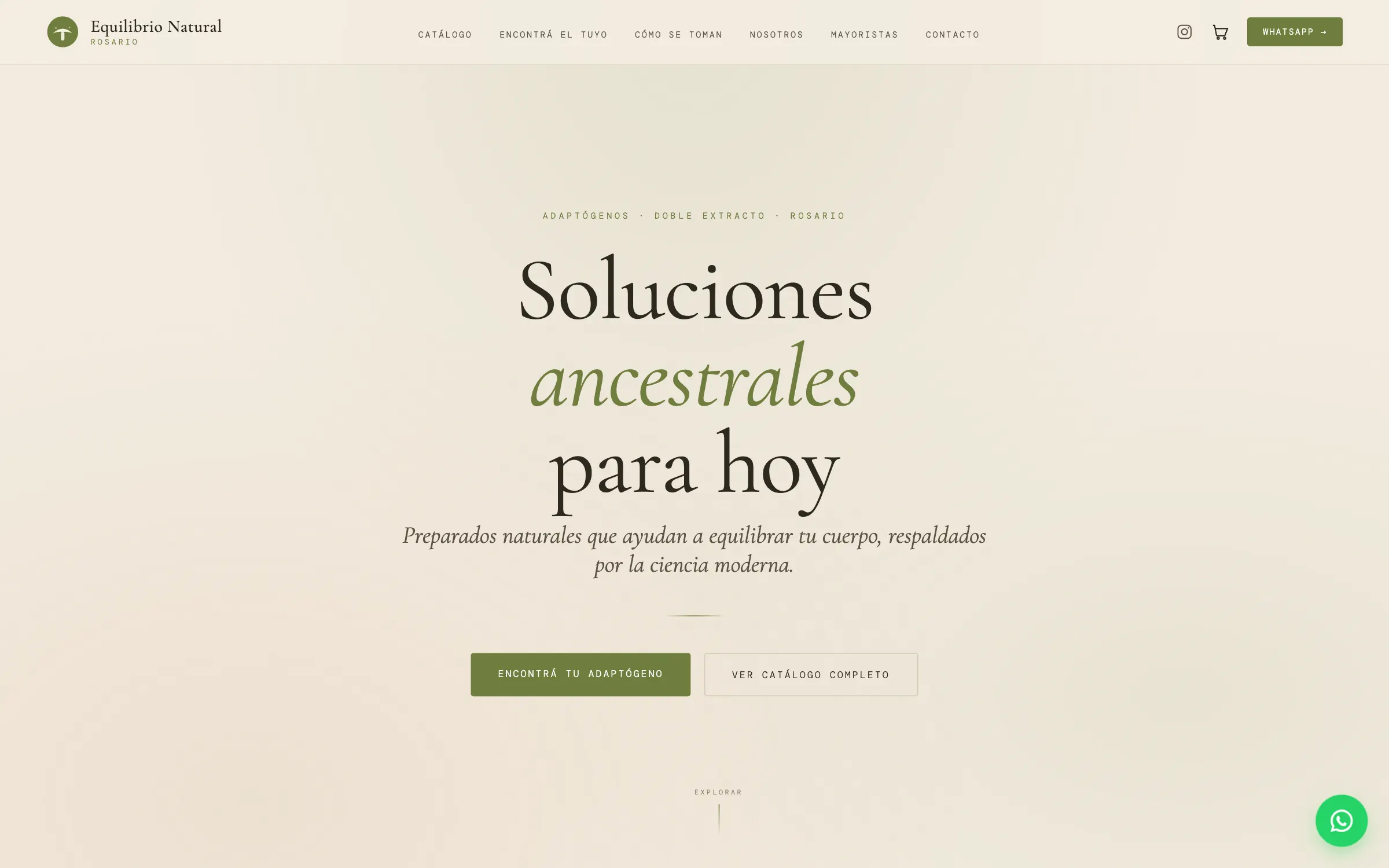 Hero de Equilibrio Natural con el mensaje “Soluciones ancestrales para hoy”, tipografía serif y paleta crema y verde.